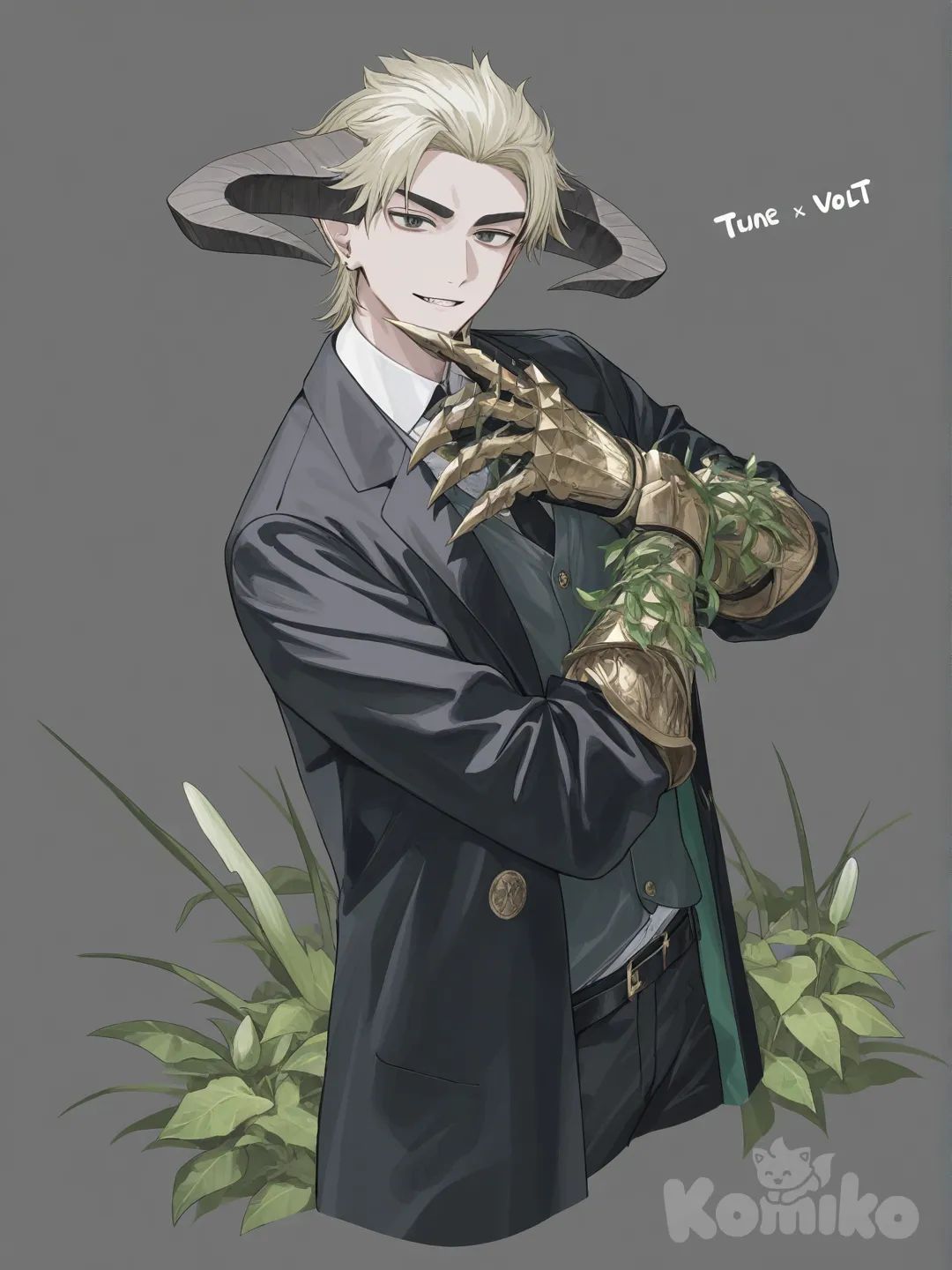 1boy, man,horn, jacket, gauntlet claw wood, elemental plant, two tune hair, elias-volt-N83Psimple background, [soft-pastel-style]