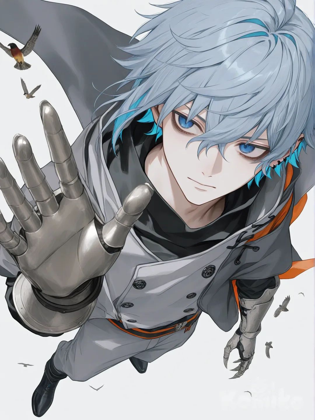 Kadoc Zemlupus,Hd,3d,1boy, hyper realism man, hyper realistic skin texture, waving, looking away, bird's-eye view, side light, floating hair, 1boy, man,horn, jacket, gauntlet claw wood, elemental plant, two tune hair, simple background, [soft-pastel-style], blue hair,band, blue eyes