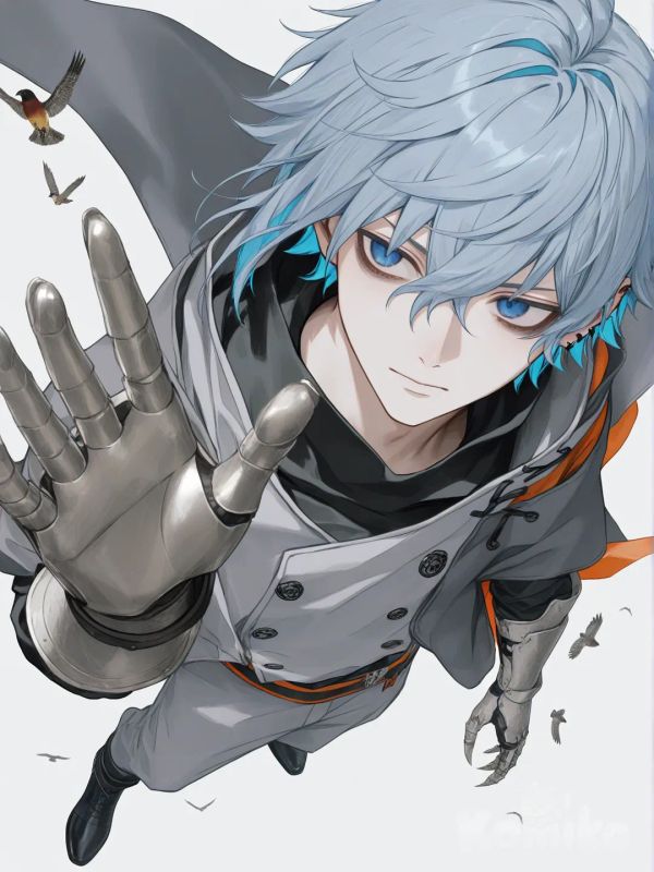 Kadoc Zemlupus,Hd,3d,1boy, hyper realism man, hyper realistic skin texture, waving, looking away, bird's-eye view, side light, floating hair, 1boy, man,horn, jacket, gauntlet claw wood, elemental plant, two tune hair, simple background, [soft-pastel-style], blue hair,band, blue eyes