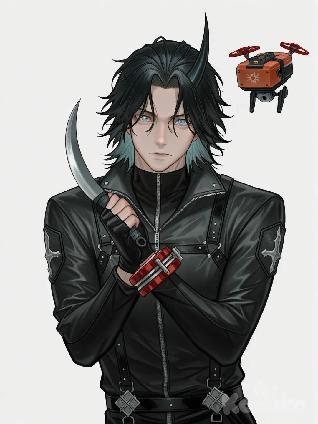 1boy, holding Sickle ,floating,one horn,ice plasma skill,drone Hunter, skills, hair Messy, fantasy outfit, action pose Simple background , upper body, looking at viewer , simple background, god eater

Tools, [digital-painterly-style]