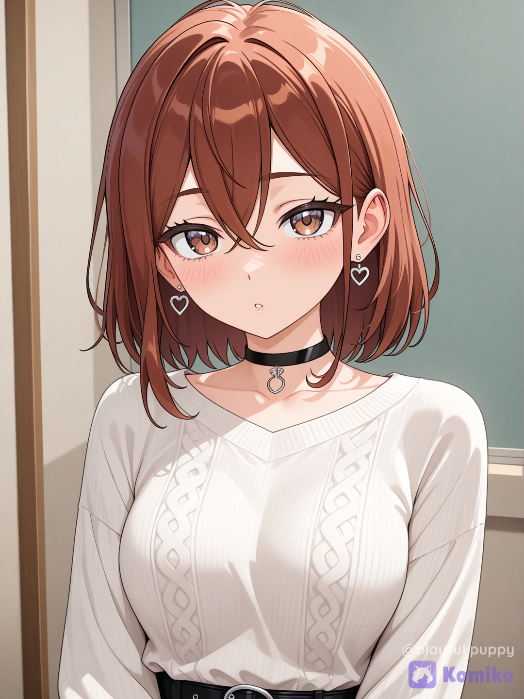 ayase momo, dandadan, 1girl, hair between eyes, brown eyes, brown hair, medium hair, short hair, long sleeves, black choker, earrings 4D ,3d