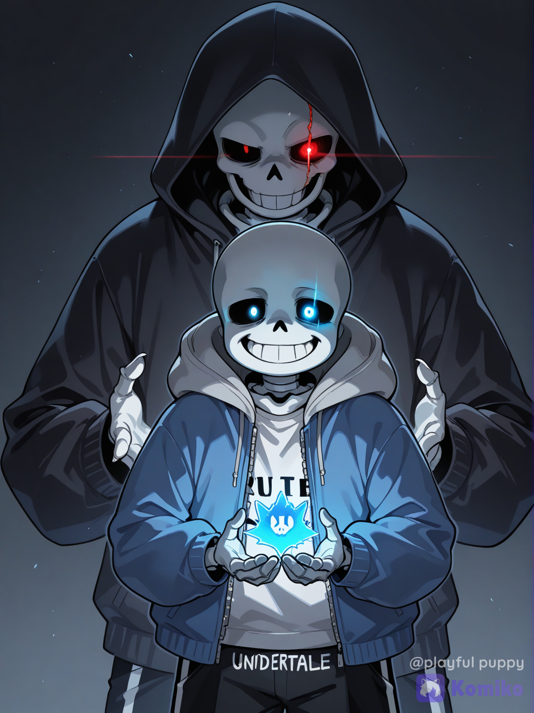 sans \(undertale\), undertale, 1boy, teeth, glowing eye, hoodie, skeleton