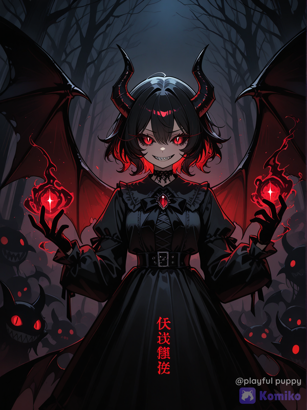 1girl, demonic creature, glowing red eyes, dark wings, surrounded by shadows, intense focus, masterpiece, best quality, high contrast,