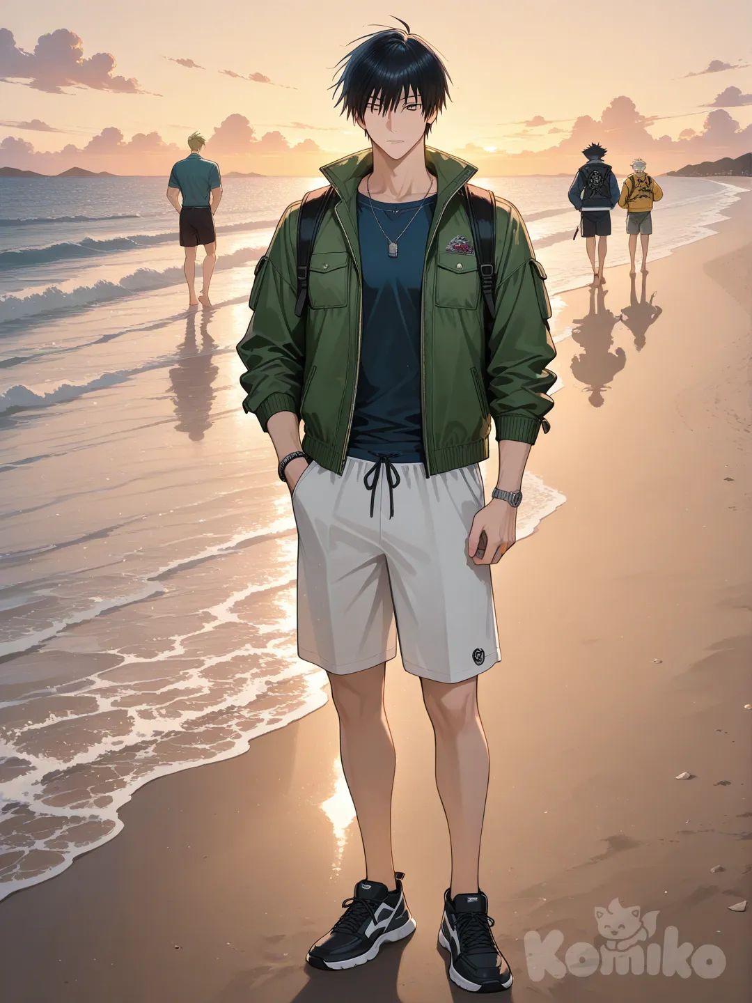 Gojou Satoru, beach shorts, outdoor adventure jacket, full body, medium long shot, Nanami Kento, Fushiguro Touji