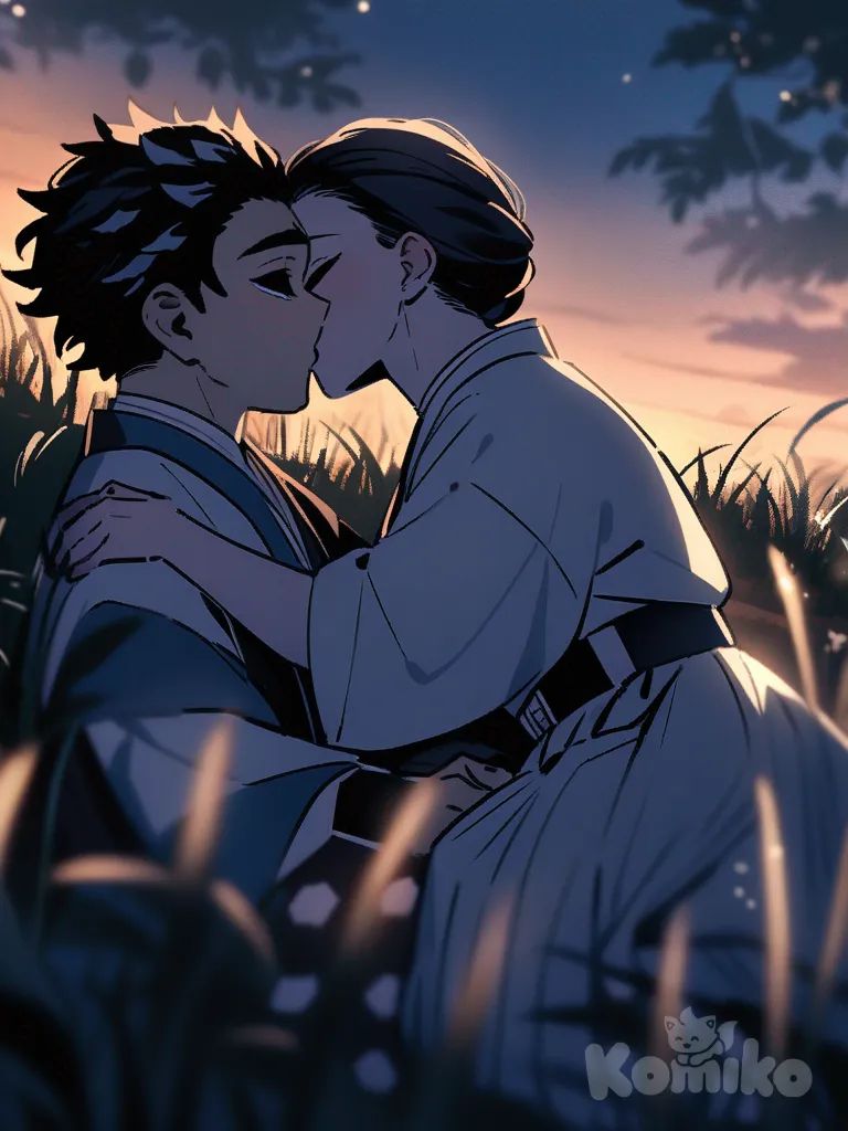kimetsu no yaiba, En el estilo de Kimetsu no Yaiba, muestra a dos personajes abrazándose mientras están sentados en el pasto de un campo y se besan. Captura la esencia visual de Kimetsu no Yaiba en esta escena romántica.uno ensima e otro ,ya sea de noche