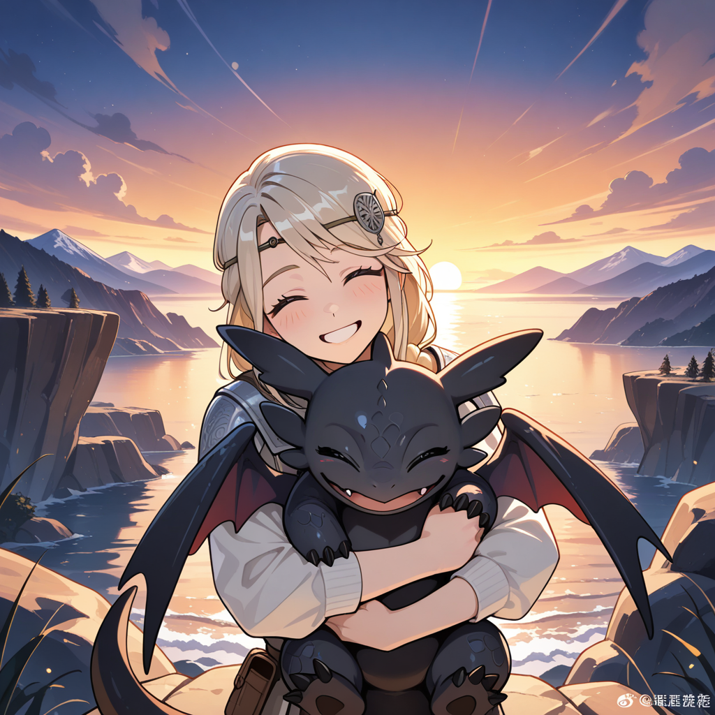Astrid gives baby Toothless a big hug