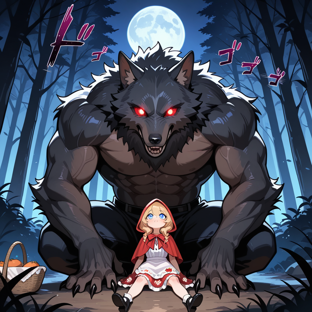 Werewolf stands over cute Red Riding Hood