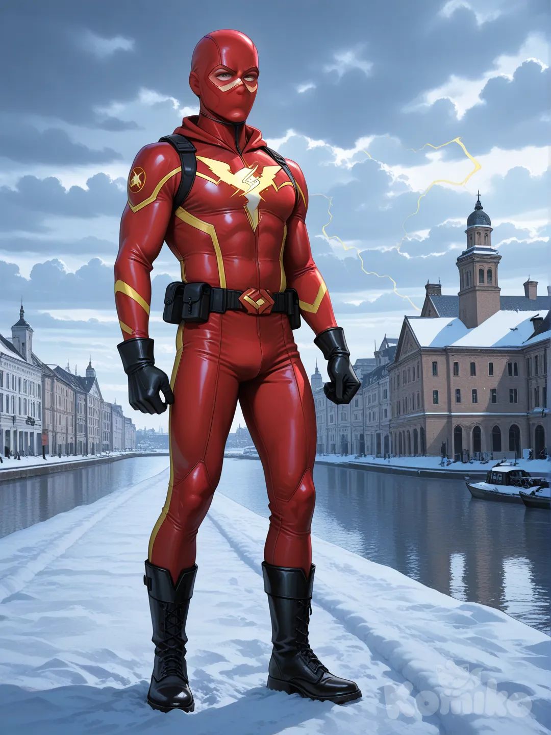 He dressed a the flash suit, more realistic, Saint Petersburg background