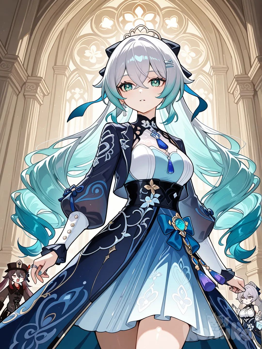 @Nilou_(Genshin_Impact) make her have long aqua green fading to light mint hair and mint eyes, @Bronya_Zaychik_(Silverwing:N-Ex), @Hu_Tao_(Genshin_Impact)