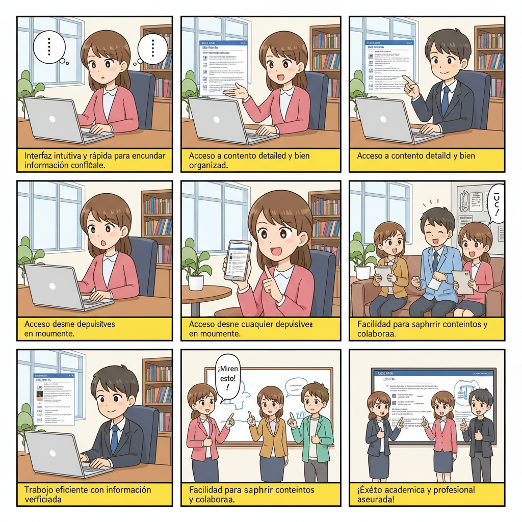 Crea una historiata de seis viñetas en un estilo de dibujo animado simpático y humorístico. Viñeta 1: 
La primera viñeta muestra a Lucinda sentada frente a su laptop, con una expresión tranquila mientras navega por la plataforma. Ella está buscando acceso fácil y directo a la información legal en su computadora. La escena refleja la facilidad con la que puede acceder a la plataforma, destacando su simplicidad y usabilidad
Viñeta 2: 
Descripción: Lucinda, con una expresión concentrada, está mirando la pantalla de su laptop. Se puede ver cómo navega por la plataforma, mostrando una interfaz clara y bien organizada.
Mensaje: "Interfaz intuitiva y rápida para encontrar información confiable."
Viñeta 3: 
Descripción: Lucinda está leyendo un artículo detallado y bien estructurado sobre una ley en su laptop. La plataforma presenta la información de manera ordenada y comprensible.
Mensaje: "Acceso a contenido detallado y bien organizado."
Viñeta 4:
Descripción: Un abogado o experto está interactuando con Lucinda, proporcionando explicaciones sobre un tema legal. La plataforma ofrece la posibilidad de obtener asesoramiento y aclaraciones de expertos.
Mensaje: "Asesoramiento experto y aclaraciones en tiempo real."
Viñeta 5: 
Descripción: Lucinda está usando su teléfono móvil para consultar la plataforma. Esto muestra la flexibilidad de la herramienta para ser accesible desde cualquier dispositivo y en cualquier momento.
Mensaje: "Acceso desde cualquier dispositivo en cualquier momento."
Viñeta 6: 
Descripción: Lucinda está compartiendo un artículo o información con sus compañeros o profesores desde su teléfono móvil. La plataforma permite compartir fácilmente la información encontrada.
Mensaje: "Facilidad para compartir contenidos y colaborar."

Usa colores vivos, personajes expresivos, bocadillos de texto claros y una composición limpia para cada viñeta. El fondo debe mostrar un ambiente de oficina.