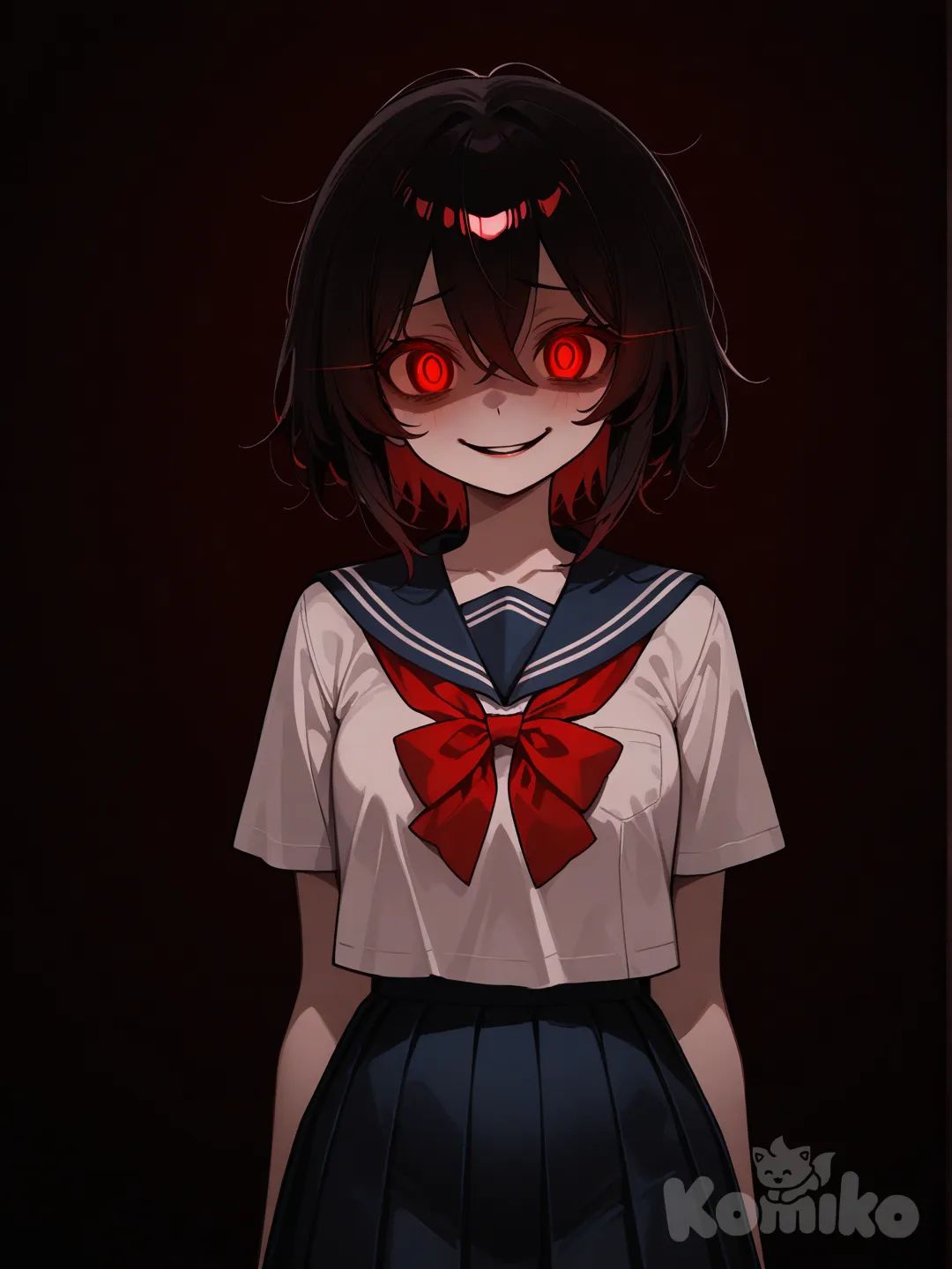 monster girl, creepy pasta, school girl outfit, horror (theme), no blood, no smile, yandere