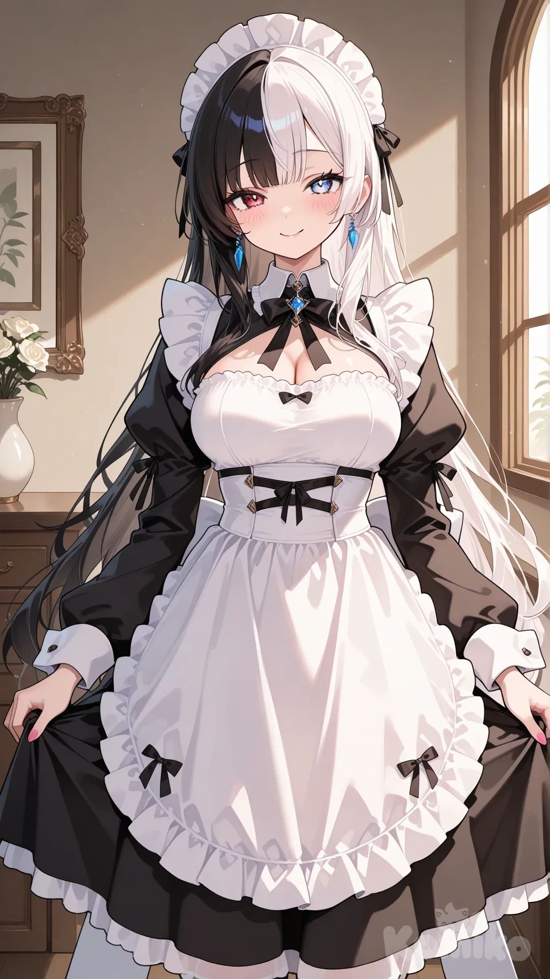 1girl, fantasy, maid, half black half white hair, beautiful, charming,perfect balance