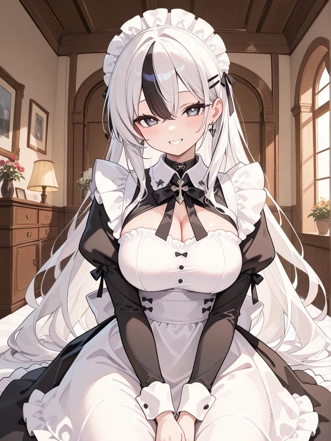 1girl, fantasy, maid, half black half white hair, beautiful, charming,perfect balance