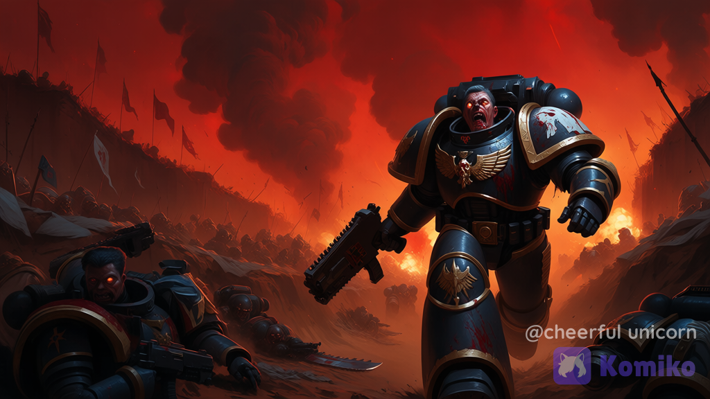 dramatic Warhammer 40,000 battlefield scene. Crazed Blood Angels Space Marines consumed by the Black Rage wear custom-painted black power armor with gold trim and blood drop icons