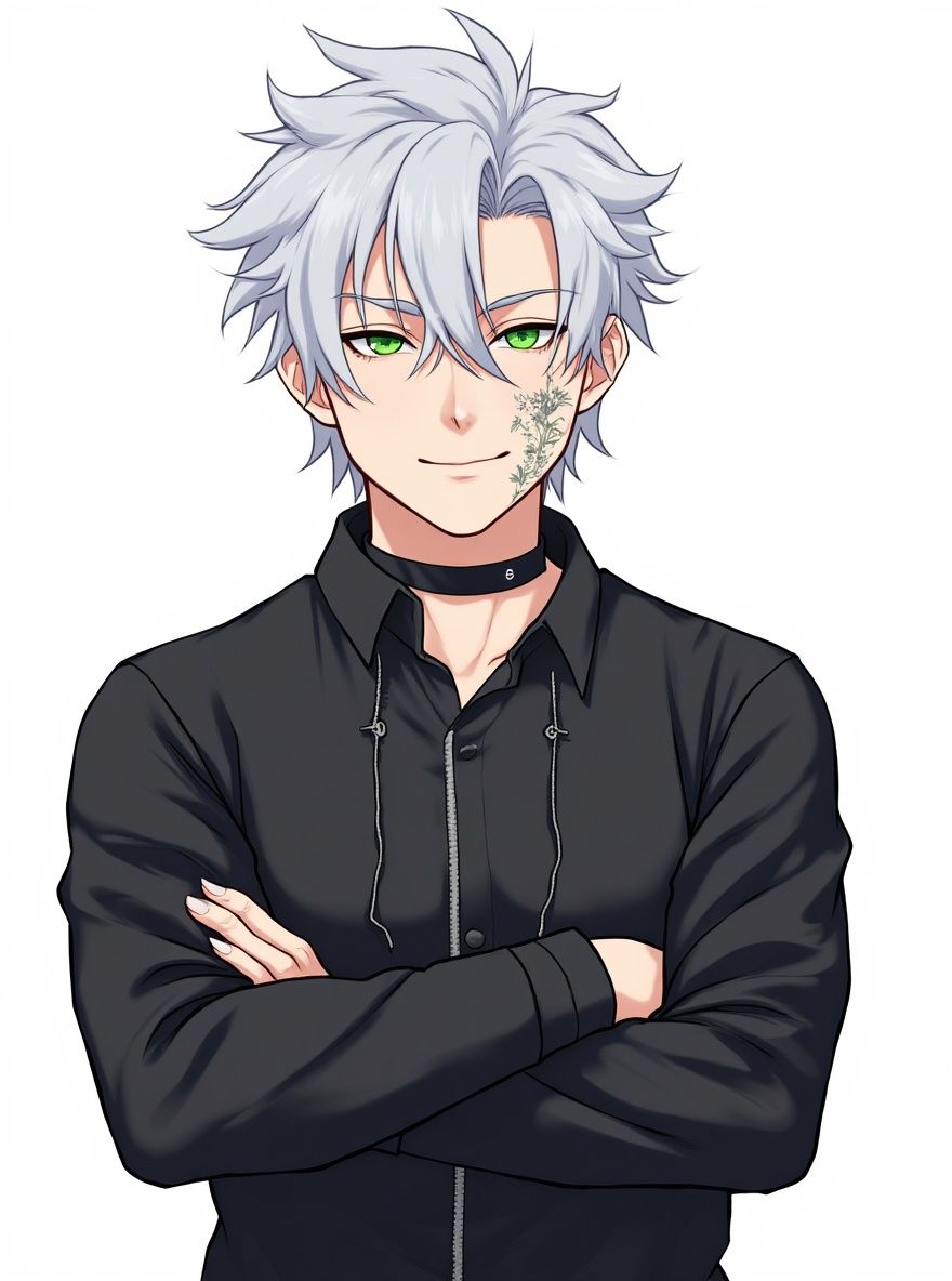 tall, athletic build, green eyes, silver hair, messy hair, sharp jawline, smile, leather jacket, tattoos, confident, single character, full body, looking at viewer, anime style, simple background, white background