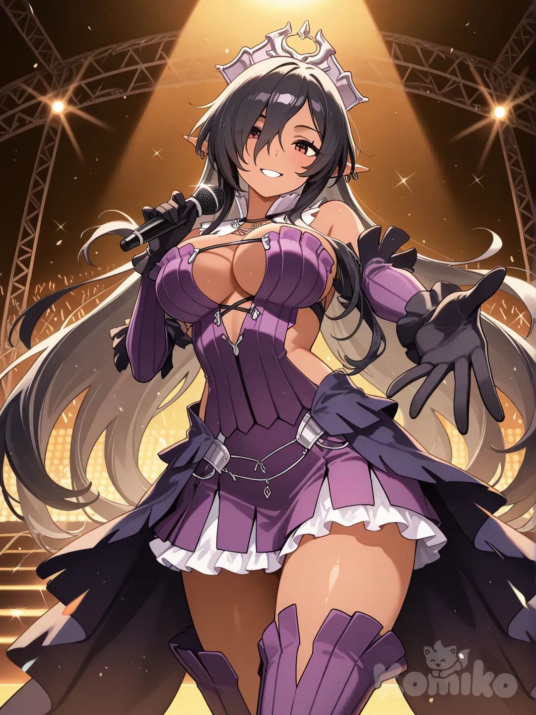 olga discordia, stage, idol pose, bright lights, idolmaster, idol outfit