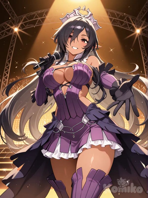 olga discordia, stage, idol pose, bright lights, idolmaster, idol outfit