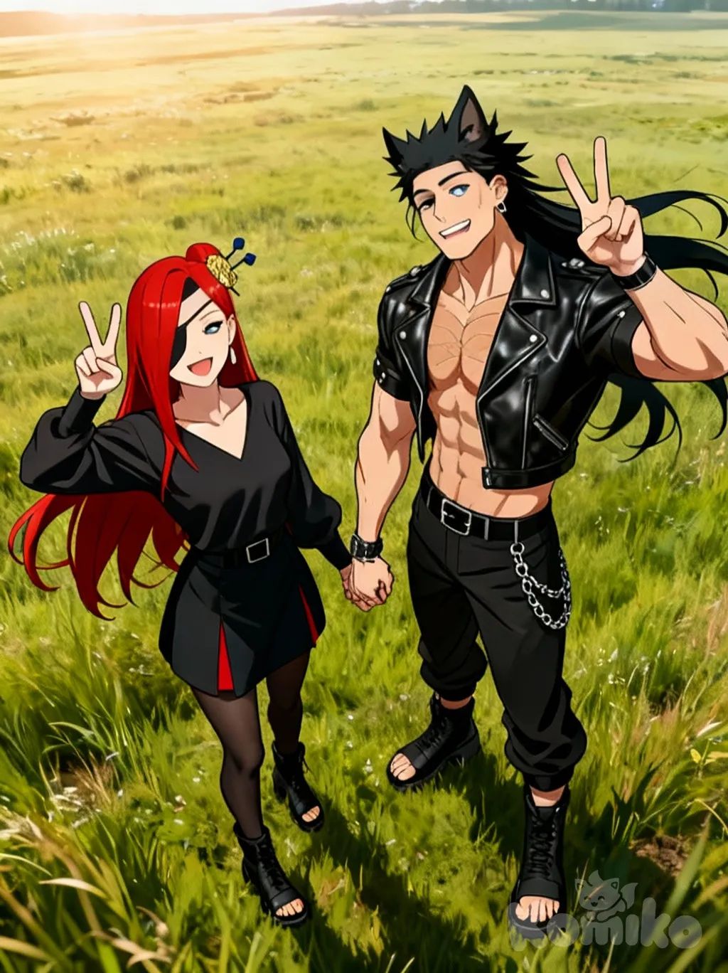 @adult-mimiko-ogBm, anime screencap, smile, smirk, upper body, cinematic lighting, grassland, v sign, @dvar-Qmlx, holding hands