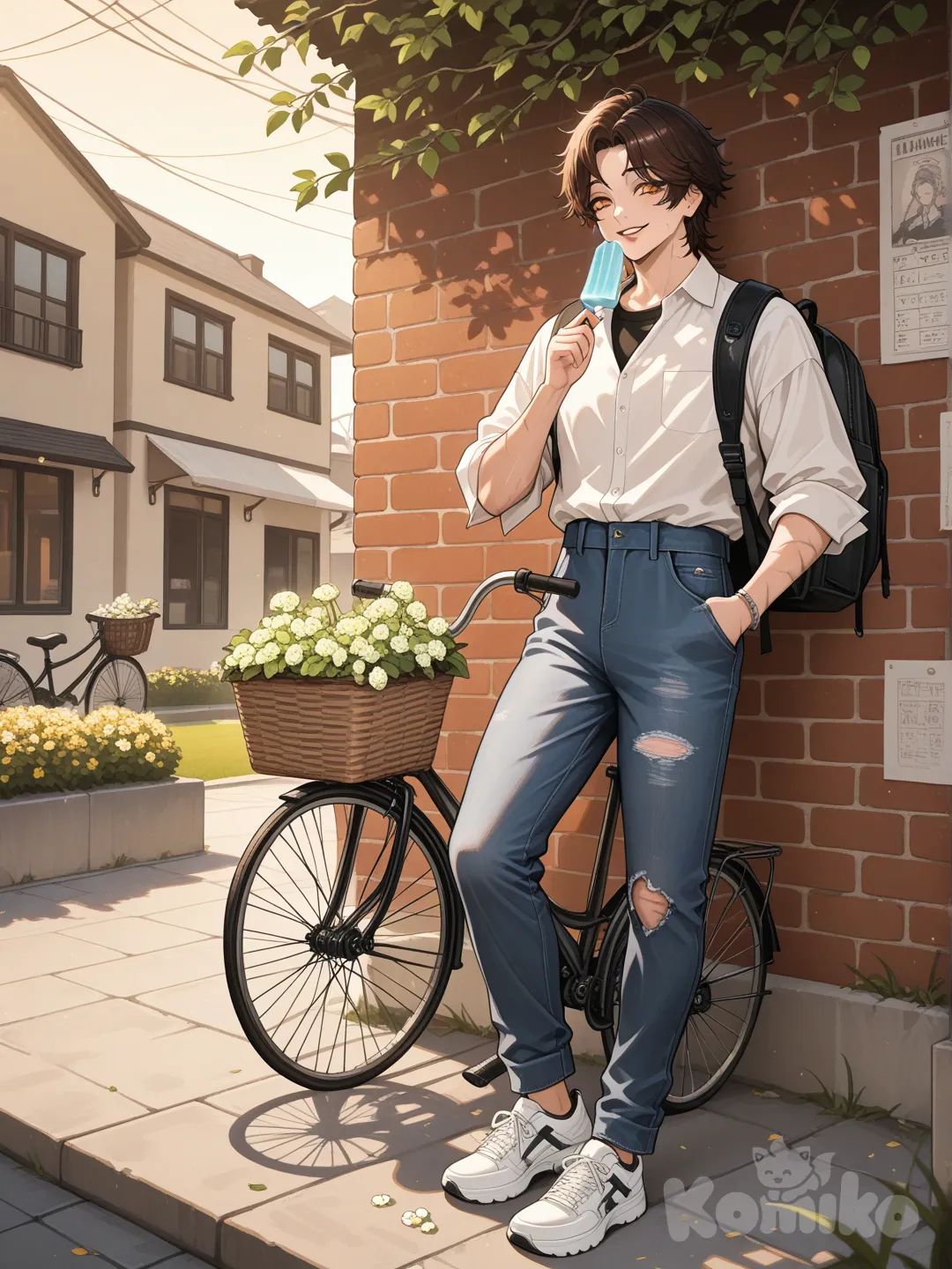 A hyper-photorealistic 8K cinematic render of a tall, striking 18-year-old campus boy with a lean yet athletic build (6’3” height) and broad shoulders, sporting messy sun-kissed chestnut brown hair with subtle honey highlights that falls in soft waves over his forehead, framing a sharp, angular face with high cheekbones, a defined jawline dusted with a faint, well-groomed stubble, and full, slightly parted lips with a natural rose-pink hue—his eyes are a deep, piercing amber with long, dark lashes, crinkled at the corners with a lazy, confident smile that reveals a faint dimple on his left cheek. He’s dressed in a tailored off-white linen button-down shirt rolled up to his elbows (revealing a thin silver chain bracelet on his right wrist and a tiny scar from a childhood soccer injury), left unbuttoned at the collar to show a hint of a black cotton undershirt, paired with high-waisted dark wash straight-leg jeans that fit snugly at the hips and taper slightly at the ankles, tucked into scuffed white leather sneakers with subtle navy blue accents and a worn-in sole. A black canvas backpack slung over one shoulder is slung loosely, its strap frayed at the edge, stuffed with a half-open chemistry textbook, a crumpled notebook with doodles in the margins, a stainless steel water bottle, and a pack of mint gum peeking out the top. He leans casually against a weathered brick wall on a sunlit campus quad, one foot propped against the wall, the other grounded on the lush green grass dotted with dandelions and clover—behind him, a row of ancient oak trees casts dappled golden sunlight over the scene, their branches swaying gently in a warm breeze, while distant red-brick campus buildings with white columns and gabled roofs line the horizon, students laughing and chatting as they walk past with books in hand, a group playing frisbee on the lawn, and a vintage bicycle propped against a nearby bench with a wicker basket filled with wildflowers. The boy holds a half-eaten strawberry popsicle in his left hand, a faint smudge of pink on his thumb, and his right hand is tucked into the pocket of his jeans, fingers brushing the edge of a crumpled concert ticket. Sunlight catches the subtle sheen of his moisturized skin, the individual strands of his hair, and the tiny specks of dust floating in the air—every detail is rendered with microscopic precision: the way his shirt clings softly to his torso from a light sweat, the faint creases in his jeans from movement, the scuffs on his sneakers, the texture of the brick wall with its chipped paint and mossy crevices, the green veins visible on the back of his hands, the slight flush on his cheeks from the sun, the reflection of the sky in his amber eyes, the softness of his hair’s waves, and the melting popsicle’s sticky residue on his fingers. Cinematic golden-hour lighting, warm earthy color palette, shallow depth of field, hyper-realistic skin texture with subtle pores and sun-kissed undertones, photorealistic fabric folds (linen’s crispness, denim’s rigidity), natural hair movement, atmospheric haze, hyperdetailed background elements (students’ varied outfits, tree bark texture, textbook pages’ print), trending on ArtStation, Unreal Engine 5 render, Octane Render, ray tracing for sunlight reflections, confident yet approachable posture, effortless cool vibe, immersive campus ambiance.