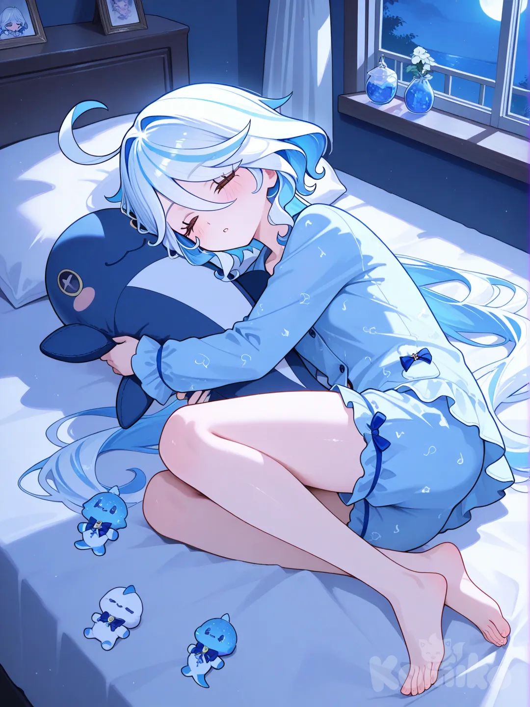 @Furina_(Genshin_Impact) sleep on the bad, moon light, full body, night, blush, hug plush 
sea ​​horse