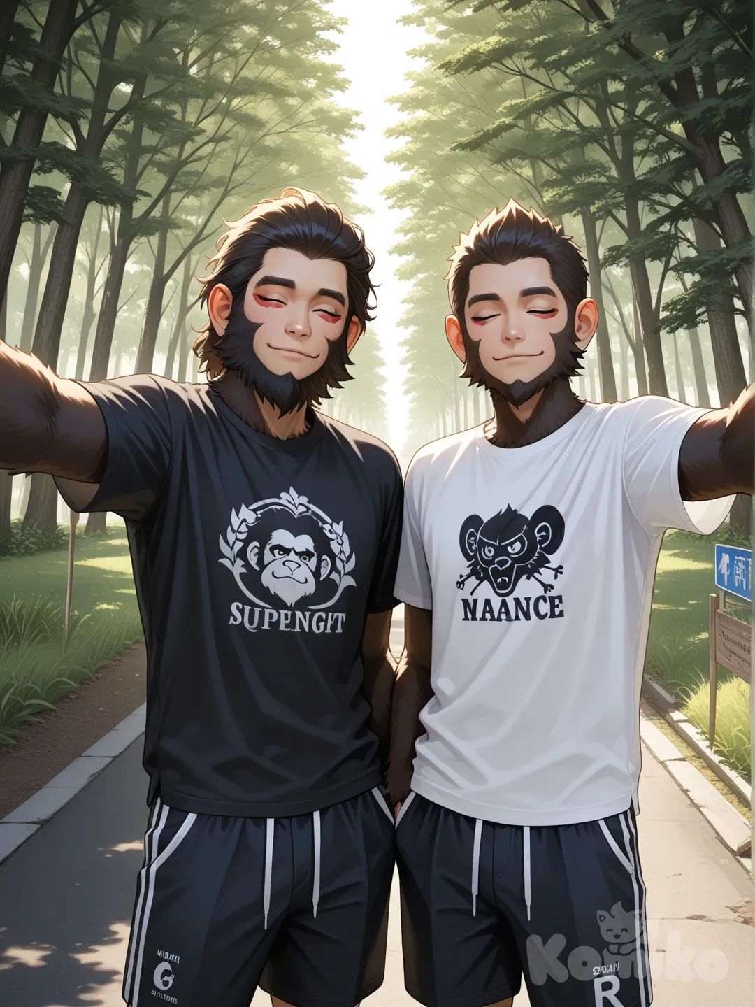 Ultra-realistic 9:16 photo of an Indian macaque monkey standing in a simple natural pose on a beautiful quiet roadside location. 
The road is empty, peaceful, surrounded by greenery and soft sunlight. 
A large board at the top clearly shows the text “cg_monkey10”.

The monkey is taking a selfie with a boy standing next to him, but NO mobile phone should be visible in the image. 
Both are facing the camera naturally.

Outfit: New branded tight-fitting T-shirt and half-pants with a modern stylish design. 
Both clothes have a clearly visible “cg_monkey10” logo printed on them. 
The outfit should look premium, clean, and realistic.

Lighting: Soft morning natural light. 
Style: Hyper-realistic, high details, sharp facial features, clean background. 
No text on the screen other than the board “cg_monkey10”.