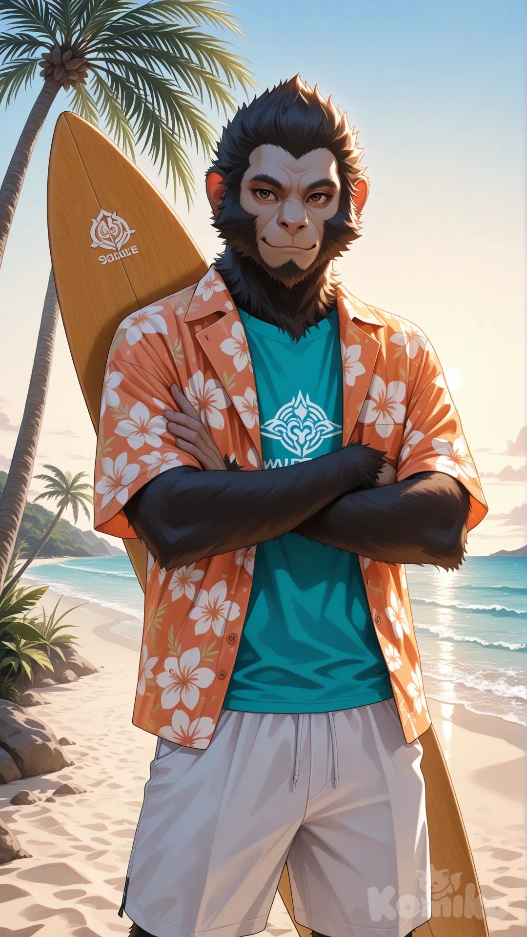 Ultra-realistic vertical 9:16 photo of an Indian macaque monkey standing on a bright sunny beach with turquoise water, soft sand, and palm trees in the background. 
Lighting is warm daylight with vibrant tropical colors.

Outfit: Trendy floral Hawaiian shirt (half sleeves), paired with stylish white beach shorts. 
Both items have a clean, visible printed “cg_monkey10” logo in a modern font.

The monkey should look relaxed and confident with perfectly fur, natural pose, and sharp textures. 
A wooden surfboard behind him also has “cg_monkey10” engraved on it.

Style: Cinematic, vivid, sharp, no extra text on the image except the logo., Realstic
