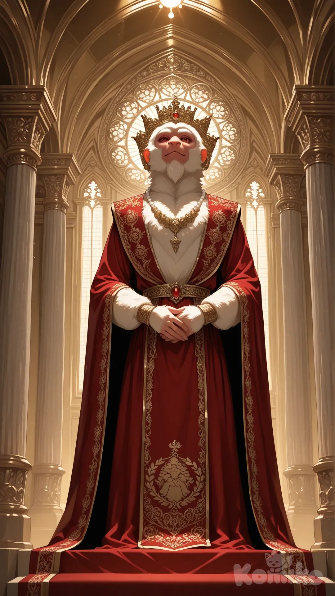 Ultra-realistic 9:16 portrait of an Indian macaque monkey standing in front of a grand ancient Indian palace with carved pillars, golden arches, and warm royal lighting.

Outfit: Heavy royal Maharaja outfit with embroidered red-gold sherwani, pearl necklace, and a small elegant crown. 
Sherwani has a clearly visible golden “cg_monkey10” emblem stitched on the chest area.

Monkey stands in a simple dignified pose, fur texture extremely sharp, royal atmosphere, cinematic lighting, no blur., evening dress, t-shirt, cargo pants, zebra print, holding gun, dancing