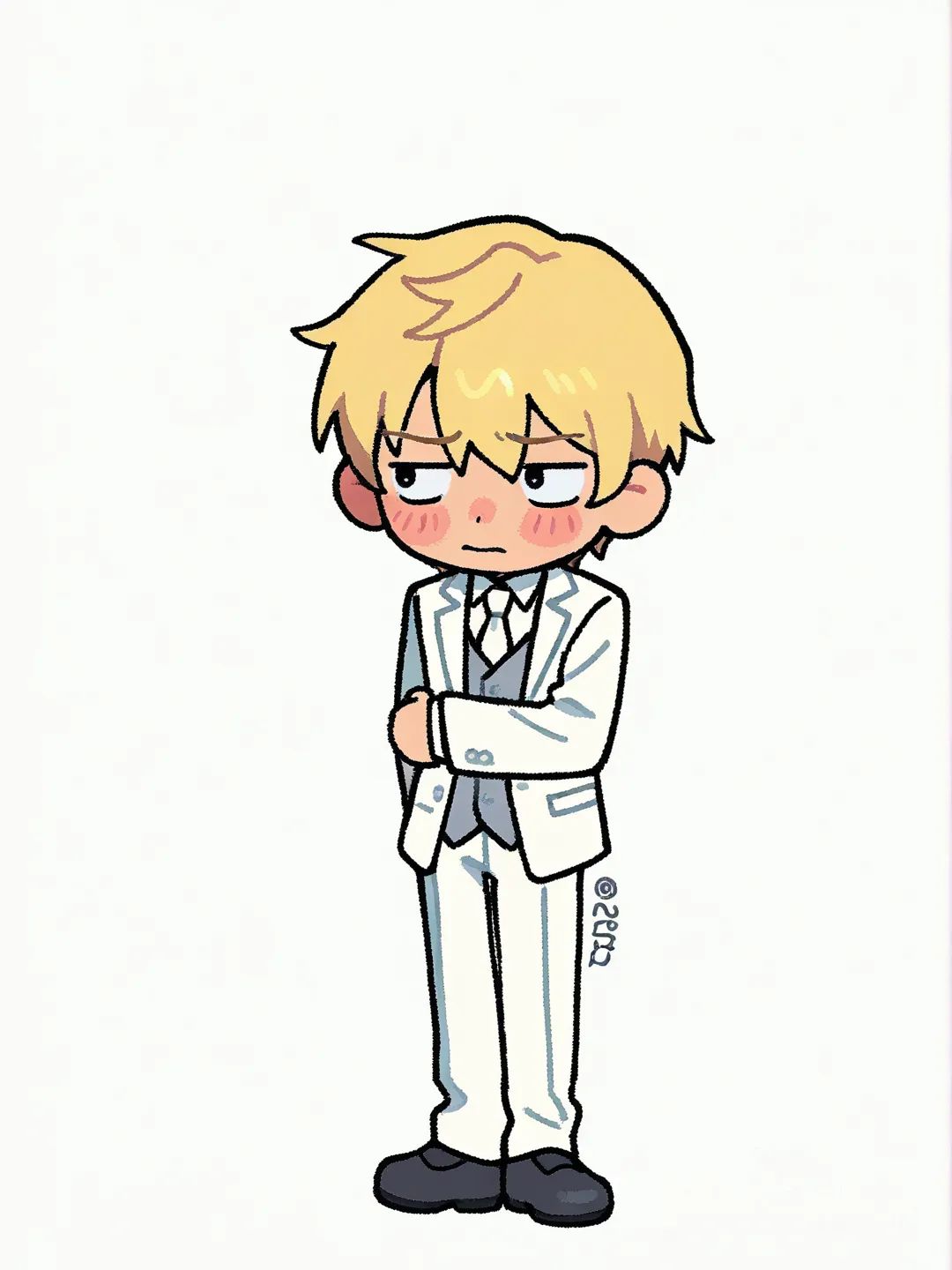 Solo, 1boy, Side view, from side, light-skinned_male, blush, embarrassed, looking_away, standing, tuxedo, suit_and_tie, blonde hair, 
[thick-outline-style], clean background, white background, full body