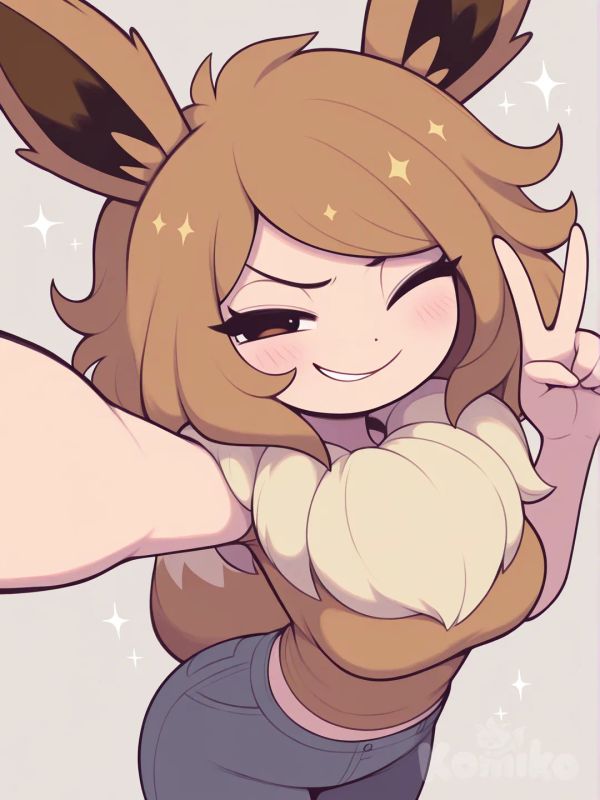 @Eevee, 1girl, [pop-toon-style], selfie, smirk, one eye closed, from above, medium breasts, sparkle, peace sign