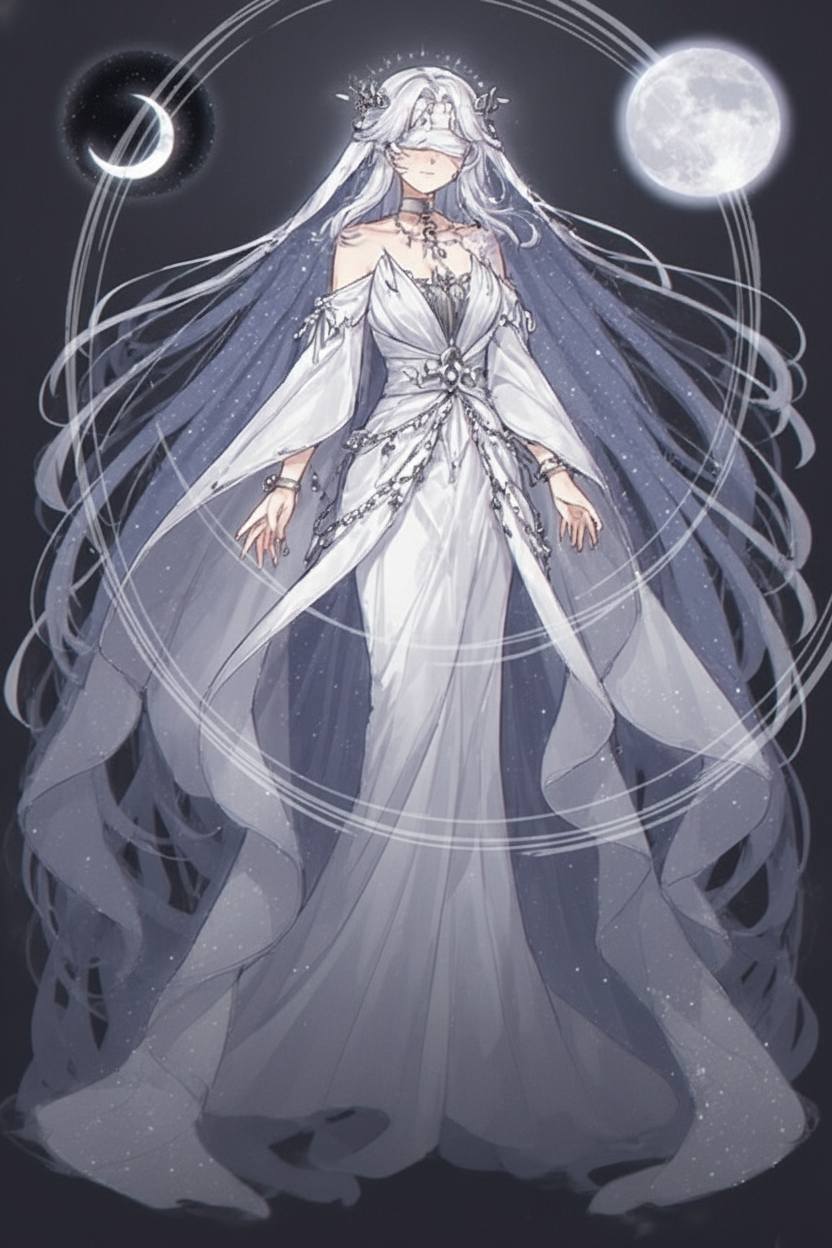 🌙 Name: Selunaris Veilborne
🌙 Title: The Blind Moon Oracle / Lady of Silenced Light
Appearance

Eyes: Always covered by a long, flowing strip of pale silver fabric. It glows faintly with moonlight, like mist. Despite being blindfolded, she “sees” through lunar senses — she perceives emotions, lies, and celestial tides.

Hair: Long, weightless white hair that drifts like it’s underwater. When she’s emotional, stars flicker in it.

Skin: Soft, radiant silver-touched skin, with faint patterns that look like lunar phases shifting across her arms and collarbones.

Build: Tall, slender, and gentle-looking, but with the presence of someone ancient and unshakeable.

Clothing:

Flowing layered robes in whites, blues, and silvers.

Her sleeves are extremely long and trail behind her.

Her waist is wrapped in lunar silk with tiny star-shaped charms hanging from it.

Accessories:

A crescent moon crown floating slightly above her head.

Silver bangles that chime like distant bells when she moves.

Powers

Lunar Foresight: She can see possible futures when the moon is full.

Starbound Healing: Her touch can heal, but leaves a glowing lunar mark that fades over time.

Astral Projection: She can leave her body during eclipses and appear as a constellation-like spirit.

Selenic Pulse: When angered, she releases circular waves of humming moonlight.

Personality

Calm, gentle, and soft-spoken.

Speaks in quiet metaphors and dreams.

Surprisingly witty when she wants to be.

Carries the weight of many centuries and hides deep sorrow behind her calm tone.

Lore

Selunaris is said to have covered her own eyes centuries ago.
Some say it was to seal a dangerous power she once unleashed.
Others say she was born seeing too much, and the cloth was a gift from the stars to ease her burden.
She wanders the night, guiding lost souls and warning mortals of the dangers that hide in the dark.

Relationships

Loved by night creatures and spirits.

Feared by those who rely on darkness for evil.

Cannot lie, but also cannot speak certain truths — her blindfold tightens when she tries.