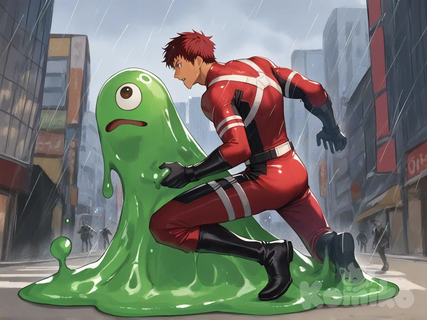 1boy, 1boy, 2people, fighting, superhero vs villain, superhero vs monster, human vs monster, confront, main street

Characters :
First person : Derek Kingsfield : 28, has a short dark red hair, brown eyes, tan skin, black gloves, he's wearing three tone red with black and white strap tight suit , superhero suit, adult, [serious-man-style], full body, central city background, wet, superhero,

Second person : monster, villain, green slime, liquid gell, ball eyes, tentacles, gooey