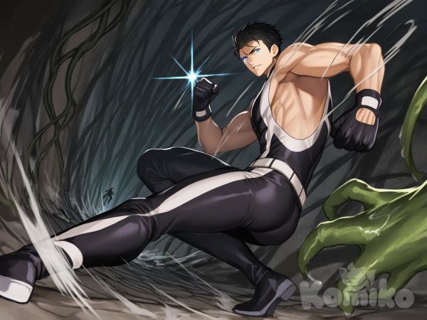 1boy, 1boy, 2people, fighting, superhero vs villain, superhero vs monster, human vs monster, confront, sewer

Characters :
First person : Yamazaki Sousuke, free! anime, has a short black hair, blue eyes, light skin, black gloves, he's wearing two tone black with white strap tight suit, superhero suit, adult, [serious-man-style], full body, sewer background, wet, superhero, throwing punch, attack,

Second person : villain, gigantic plant monster, vines, tentacles, sewer monster, catch, dangerous