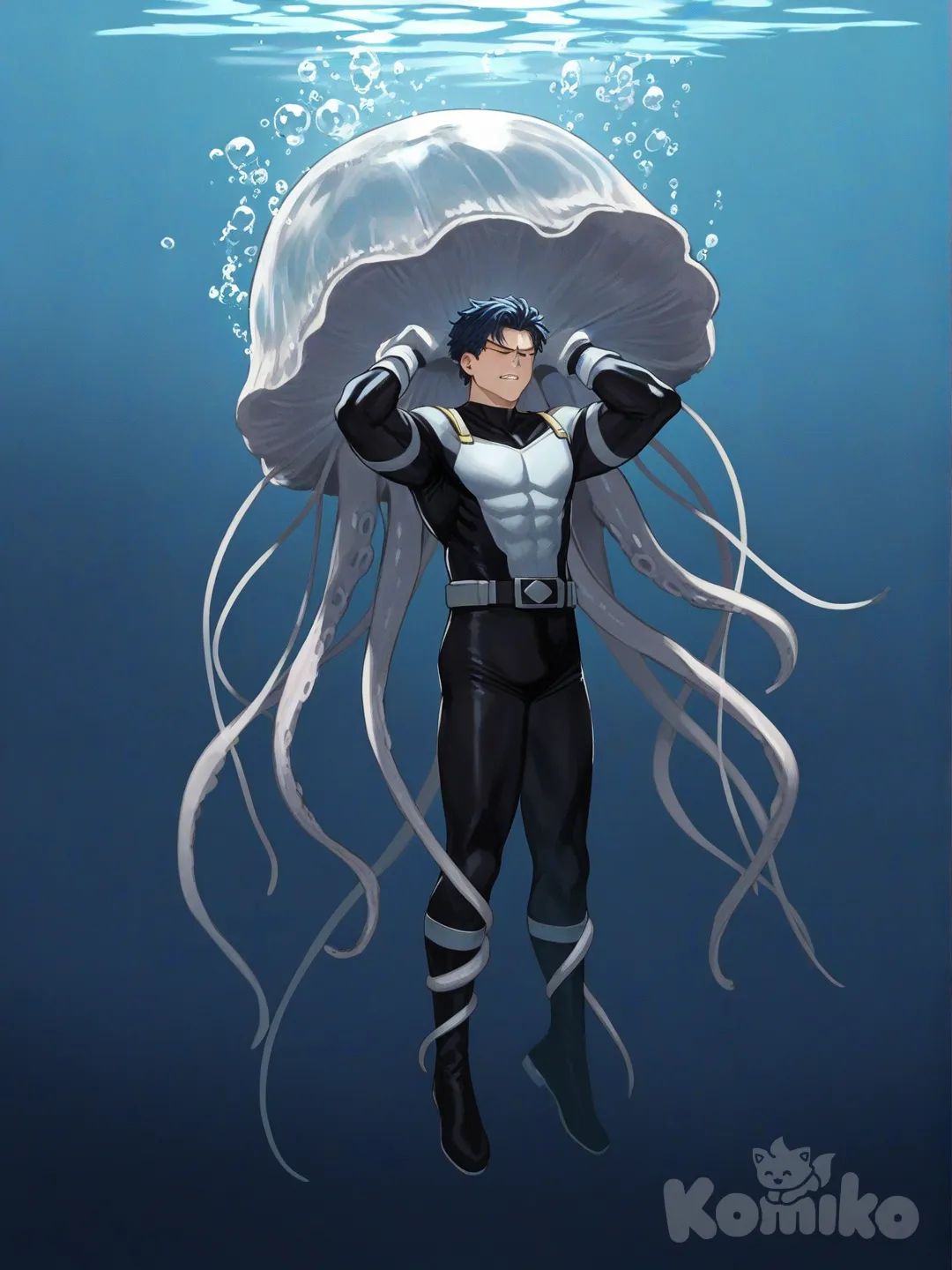 1boy, 1boy, 2people, fighting, superhero vs villain, superhero vs monster, human vs monster, confront, drowning, under the sea, deep sea water, dark, depth of field

Characters :
First person : Ike, fire emblem, muscular, has a short dark blue hair, light skin, black gloves, he's wearing three tone blue with black and white strap tight suit , superhero suit, adult, [serious-man-style], full body, underwater background, wet, superhero, eye closed, catch, chock, stung,

Second person : monster, villain, sticky, flexible, jellyfish, tentacles, angry, glow-in-the-dark, dangerous, aggressive, electric