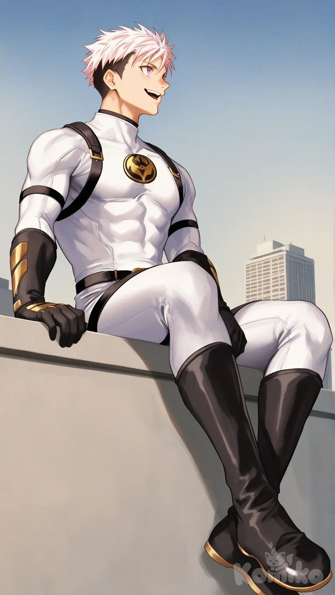 1boy, solo, from below, rooftop building,

Characters:
First character: Superhero, Yuuto Nakajima, Jock Studio, giant body, atletic body, peach hair color undercut, pink eyes, peach skin tone, black gloves, he's wearing three tone white with black and gold strap tight suit, superhero suit, [serious-man-style], full body, sitting on the rooftop building, looking away, smile, open mouth