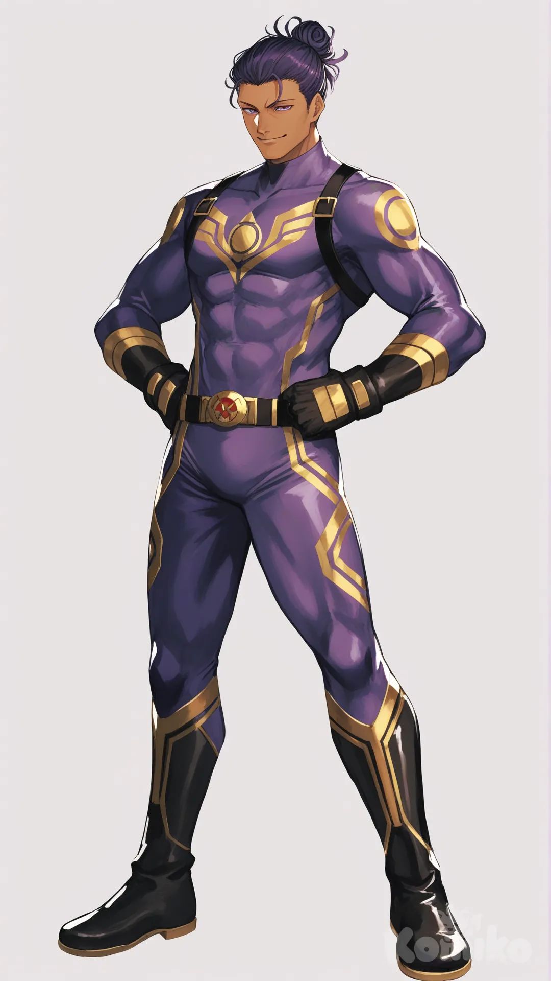 1boy, solo, white background, front profile photo,

Characters:
First character: Superhero, Zayne Alexander, Jock Studio, muscular body, purple eyes, purple hair man bun, dark skin tone, black gloves, he's wearing three tone purple with black and gold strap tight suit, superhero suit, [serious-man-style], full body, standing, thin smile, hands on hips