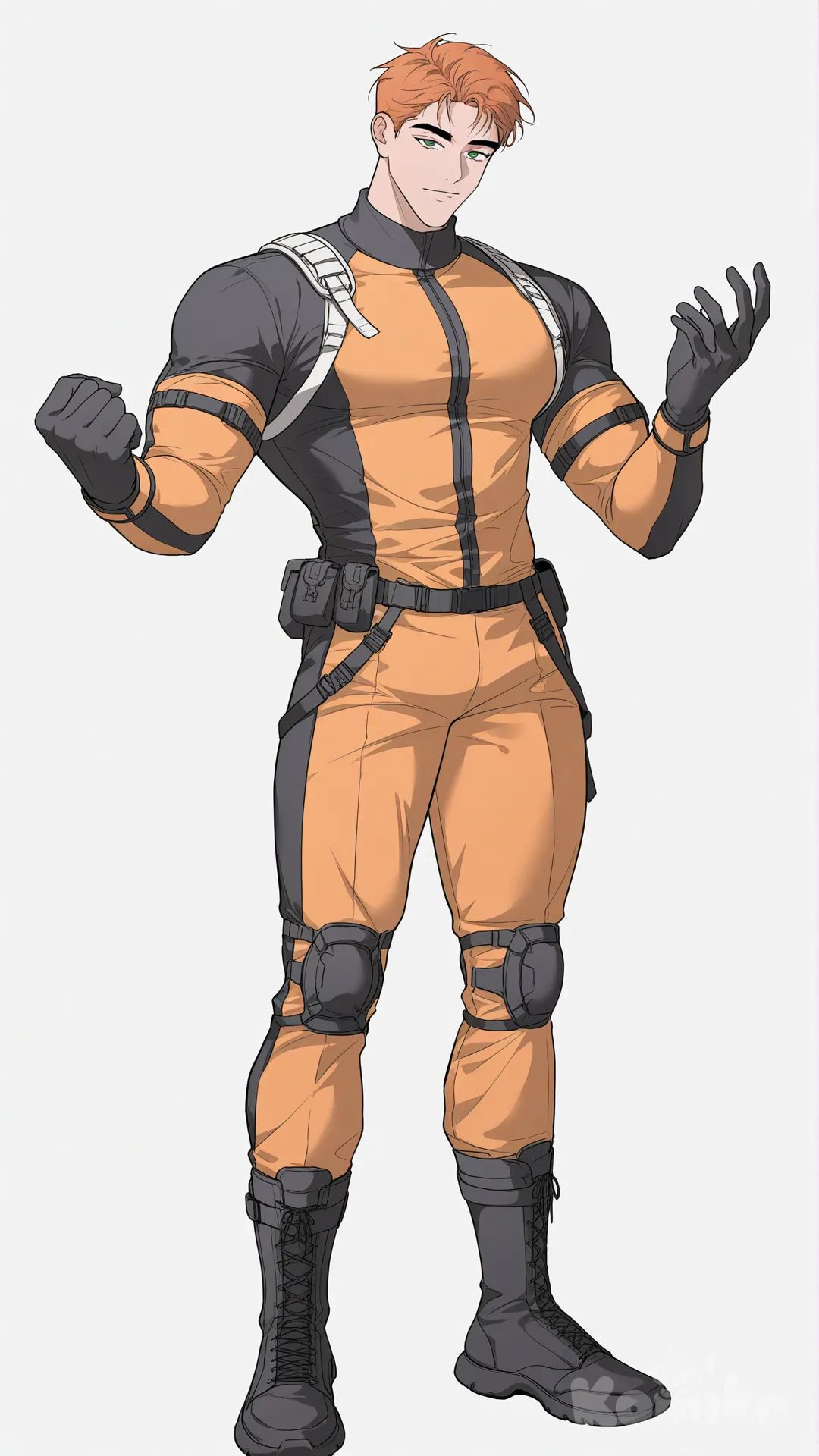 1boy, solo, white background, front profile photo, looking at viewer, 

Characters: First character: Superhero, Bryce Callahan, Jock Studio, muscular body, mature, green eyes, messy orange hair, fair skin tone, black gloves, black boots, he's wearing three tone orange with black and white strap tight suit, superhero suit, [muscular-manhwa-style], full body, standing