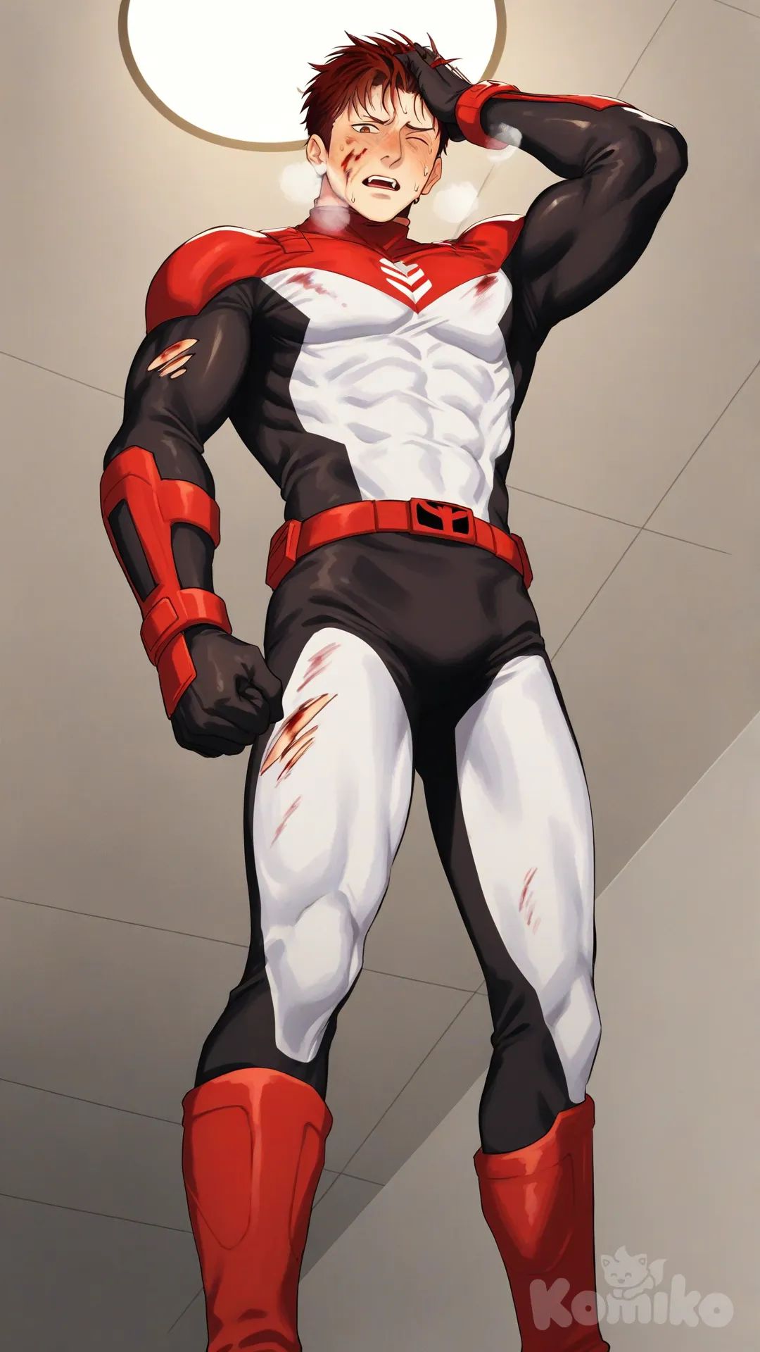 1boy, solo, on the ground , from below, looking down at viewer, looking at viewer, ceiling background, 

Characters:
First person: Derek Kingsfield, superhero, Jock Studio, short dark red hair, brown eyes, warm peach skin tone, black gloves, mature, wears three tone red-black-white tight suit, superhero suit, [serious-man-style], full body, standing, superhero, blush, heavy breathing, torn suit, bruise on face, one eye closed, hand on own forehead bleeding, injured