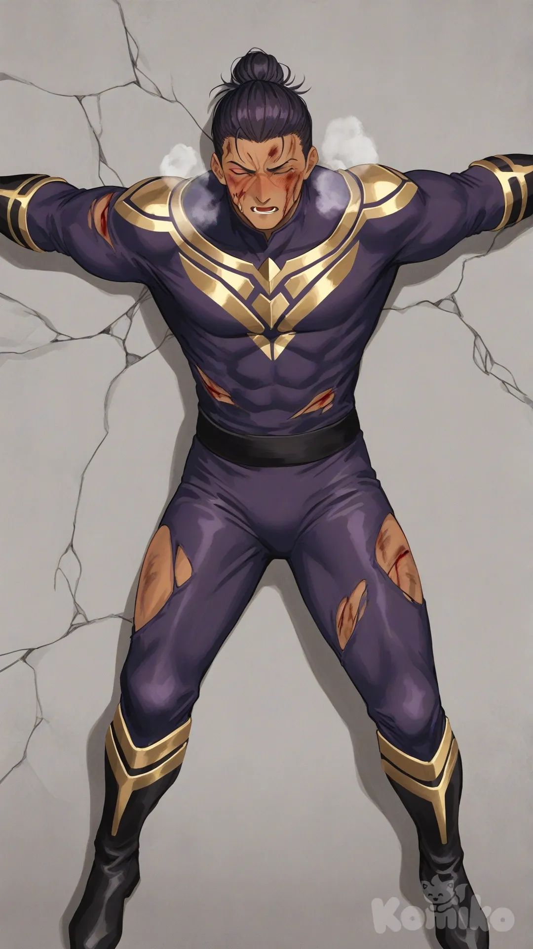 1boy, solo, on the ground, from above, asphalt background, 

Characters:
First person: Superhero, Zayne Alexander, Jock Studio, muscular body, purple eyes, purple man-bun hair, dark skin tone, mature, wears purple base with black and gold line superhero suit, superhero suit, [serious-man-style], full body, lying on the ground, open arm, spreadeagle, superhero, blush, heavy breathing, torn suit, bruise on face, eye closed, forehead bleeding, injured, wince