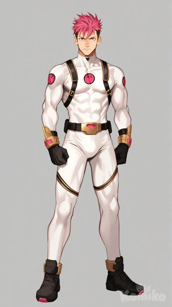 1boy, solo, looking at viewer, white background, front view,

Characters:
First character: Superhero, Yuuto Nakajima, mature, Jock Studio, athletic body, pink eyes, peach spiky undercut hair color, peach skin tone, mature, black gloves, wears three tone white with black and gold strap tight suit, superhero suit, [serious-man-style], full body, standing