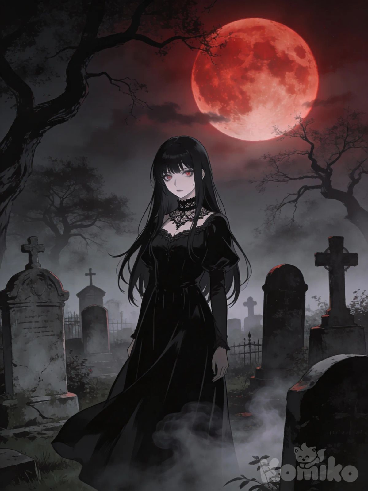 goth girl, in a cementery, blood moon