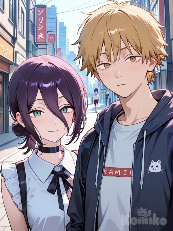 reze (chainsaw man), walking on the street with denji, portraid, front view