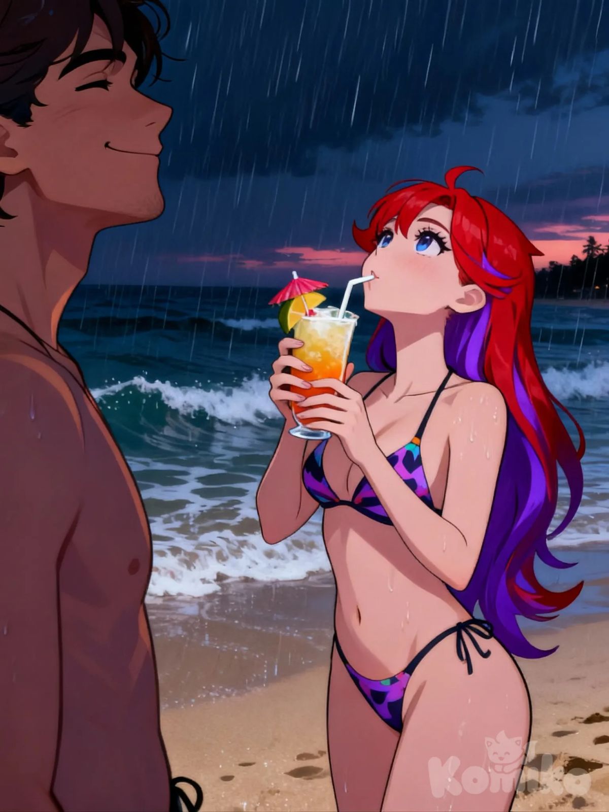 Rain , @yuudachivells-iriI , bikini, beach, dusk, drinking, holding Drink, looking at another, looking up, standing
