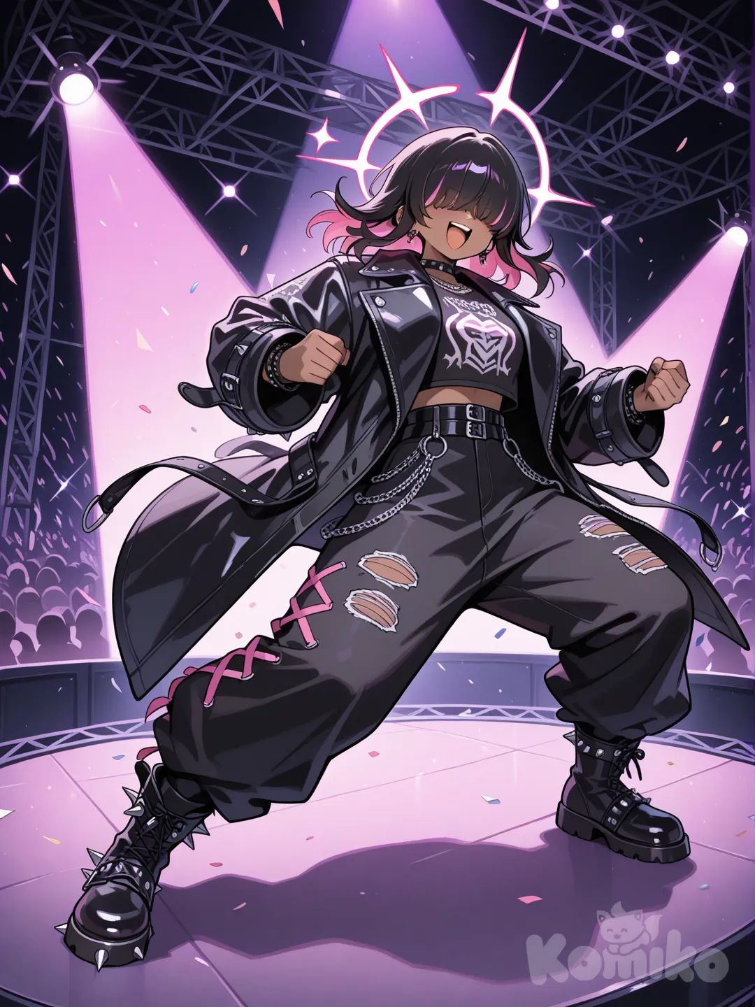 A dark-skinned rock girl, wearing a leather shirt, black hair with pink highlights, her hair covering her face, baggy woolen clothes, a large leather coat, and black boots with spikes, enjoying a rock concert in the corner of a party.