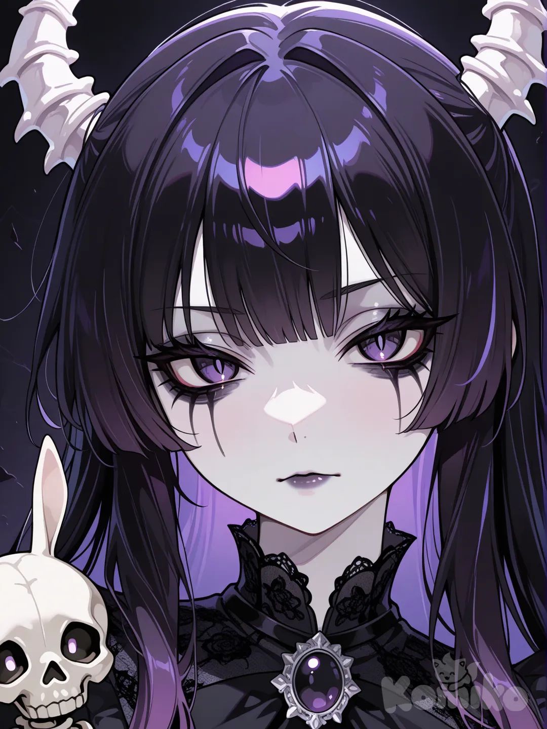 Icon, gothic girl, edgy, black hair with purple streaks, skeleton rabbit brooch.