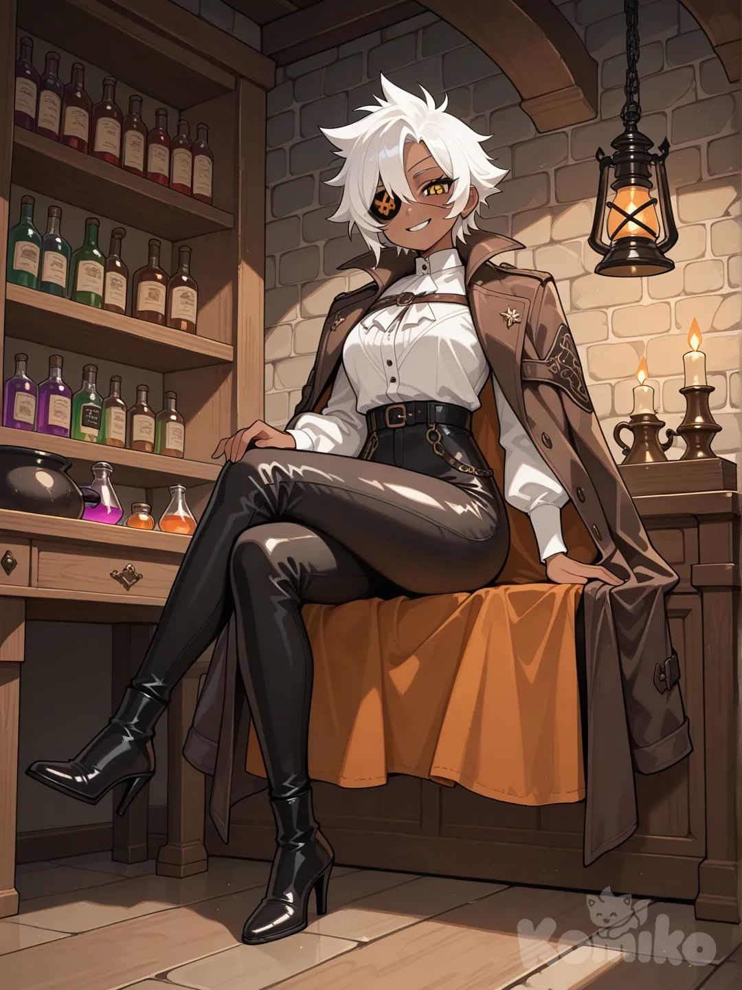 A woman with dark skin, a confident face, sharp eyes, short white hair spiky to her neck, an eye patch over her right eye, elegant clothes, a coat draped over her shoulders, a white outfit, leather pants, and high-heeled shoes, seated in his alchemy office, medieval theme.