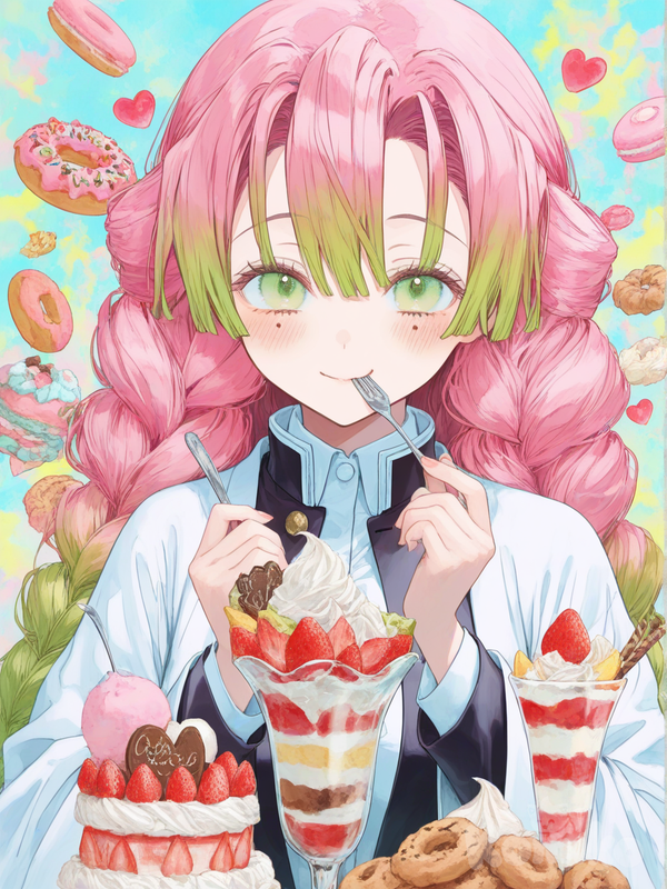 mitsuri enjoying loads of sweets