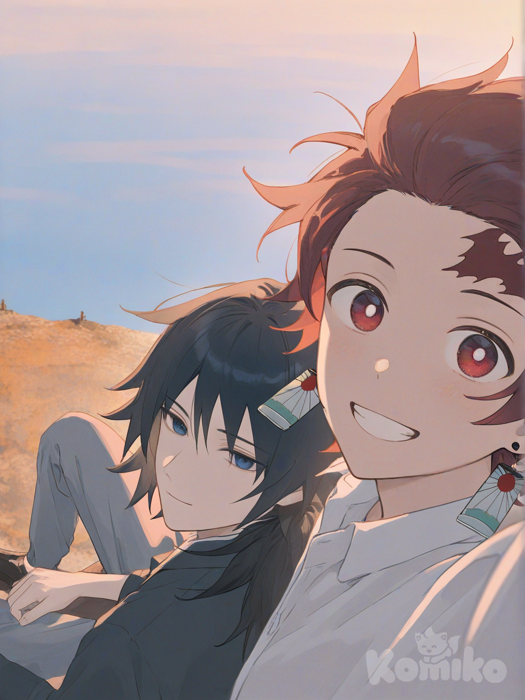 tanjiro and giyu selfie at the mountains