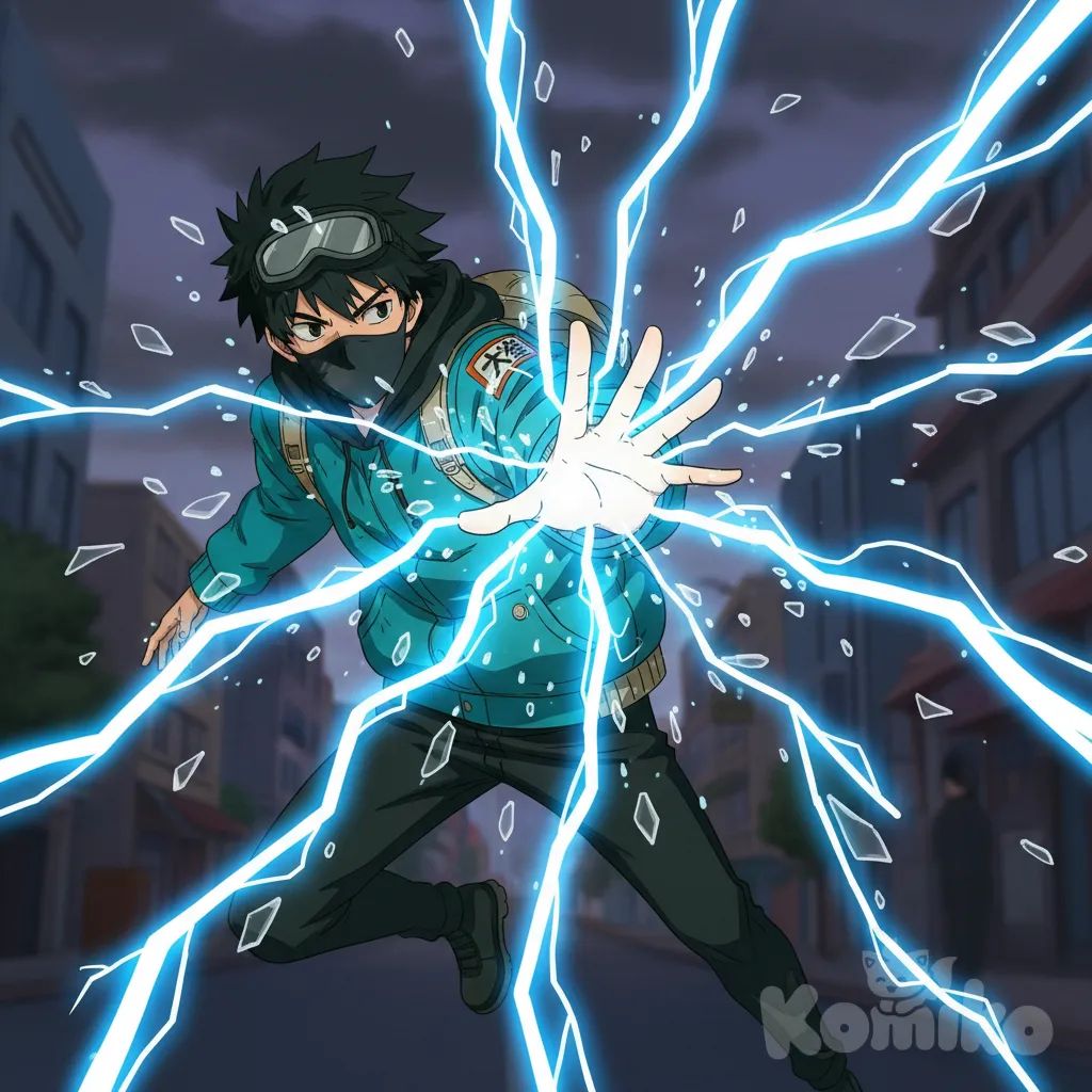 The scene is set with a dynamic, action-packed pose, featuring a hand extended forward in a pointing gesture, as if aiming or casting something. The background is filled with shards of glass or crystalline fragments scattering outward, illuminated by bright, jagged lightning-like streaks that add a sense of intensity and movement. The point of view is a close-up, slightly low-angle shot, emphasizing the outstretched hand and the explosive energy radiating from the center, creating a dramatic and immersive perspective.