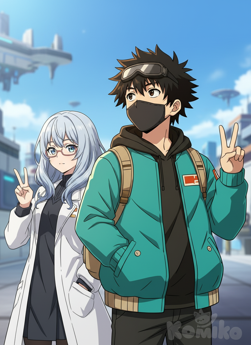 <derek-rkmz>, Magallan (Arknights), anime screencap, v sign, looking away