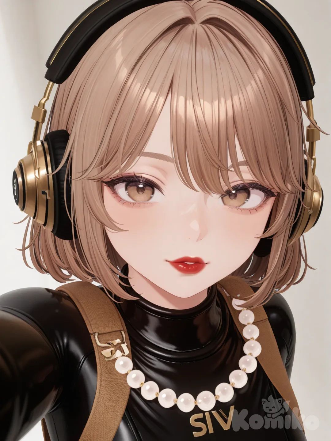 1girl, [3d-model-style], selfie, diving suit, jewelry, pearls, headphones, upper body, looking at viewer, gold brown hair, light brown eyes, red lips